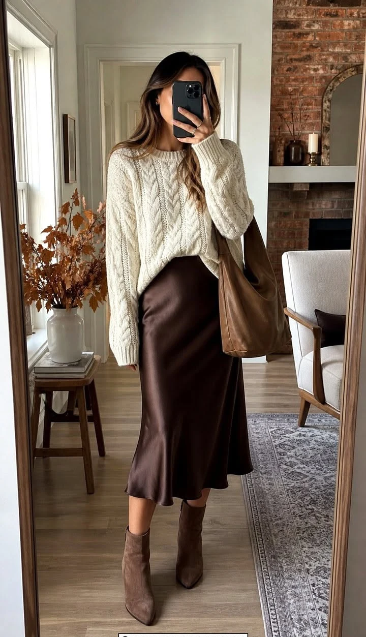 Cream knit sweater with brown satin midi skirt and ankle boots