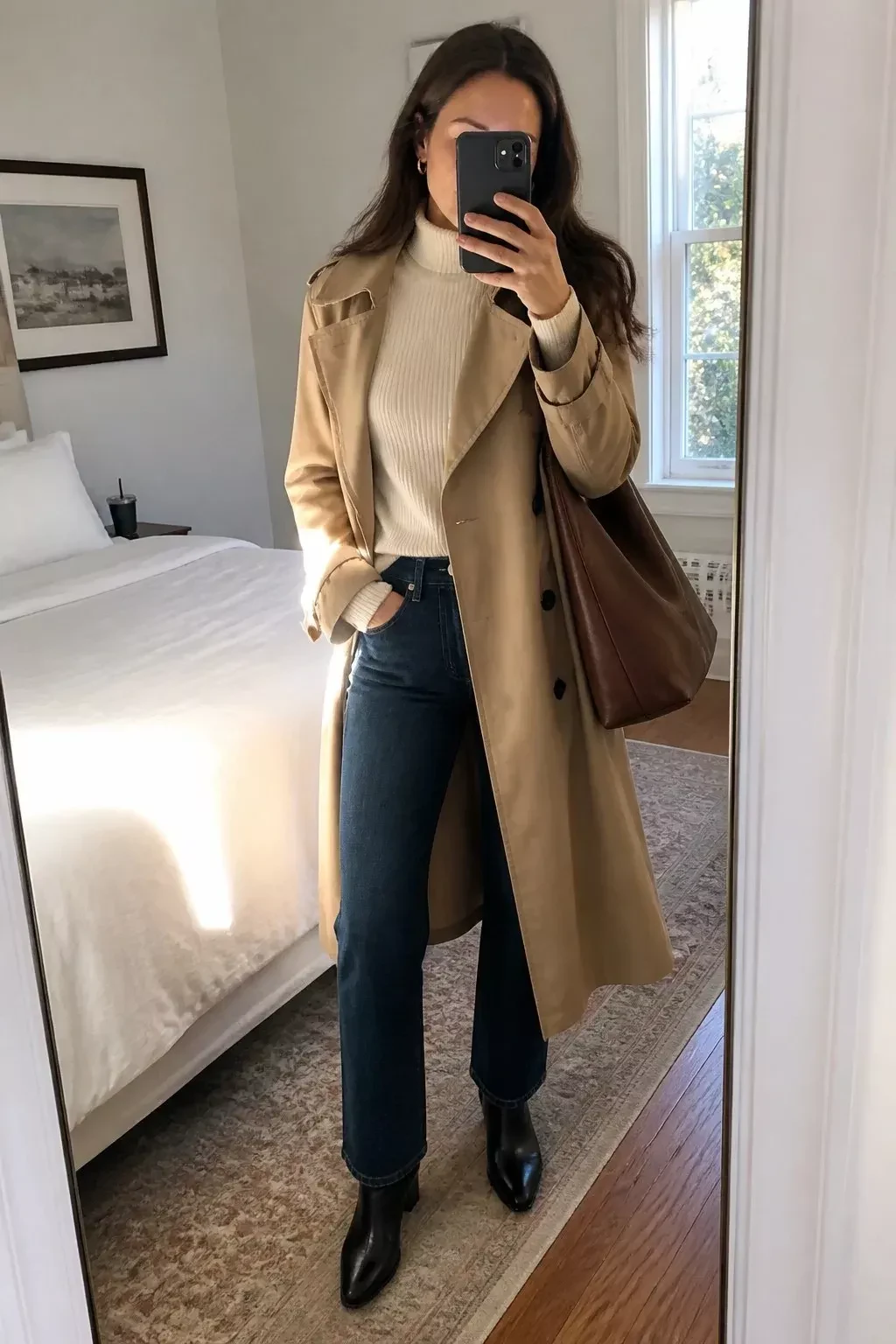 Taupe trench coat with cream knit sweater and dark denim jeans