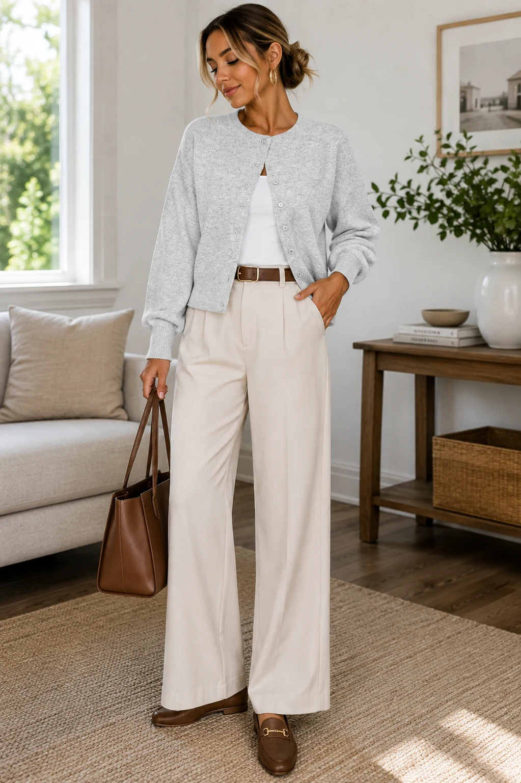Grey cardigan with cream wide leg trousers