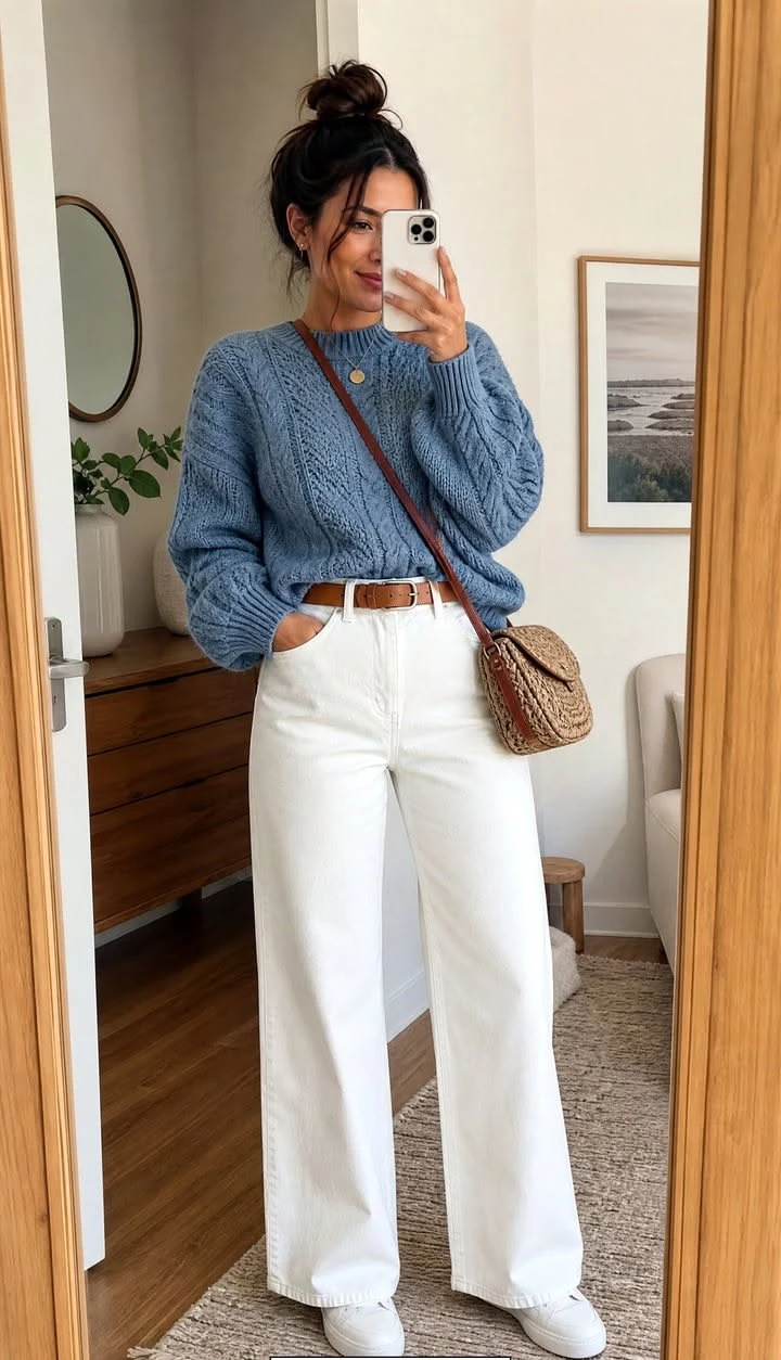 Dusty blue knit sweater with white wide leg jeans