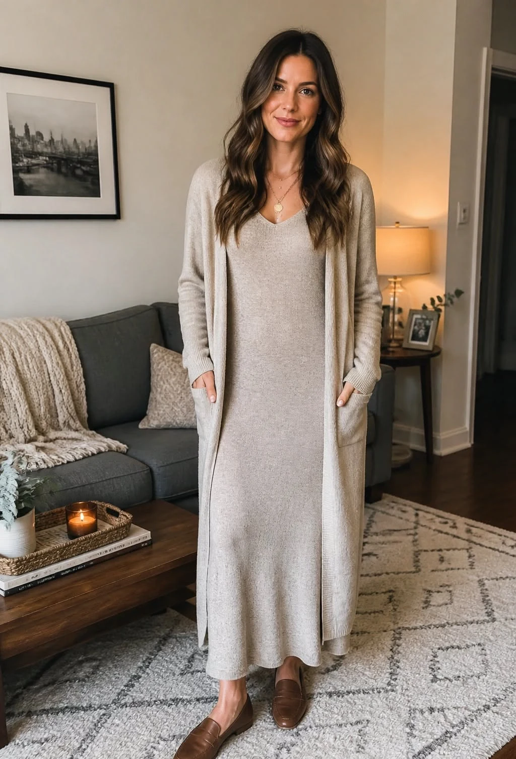 Brown knit midi dress with long cream cardigan