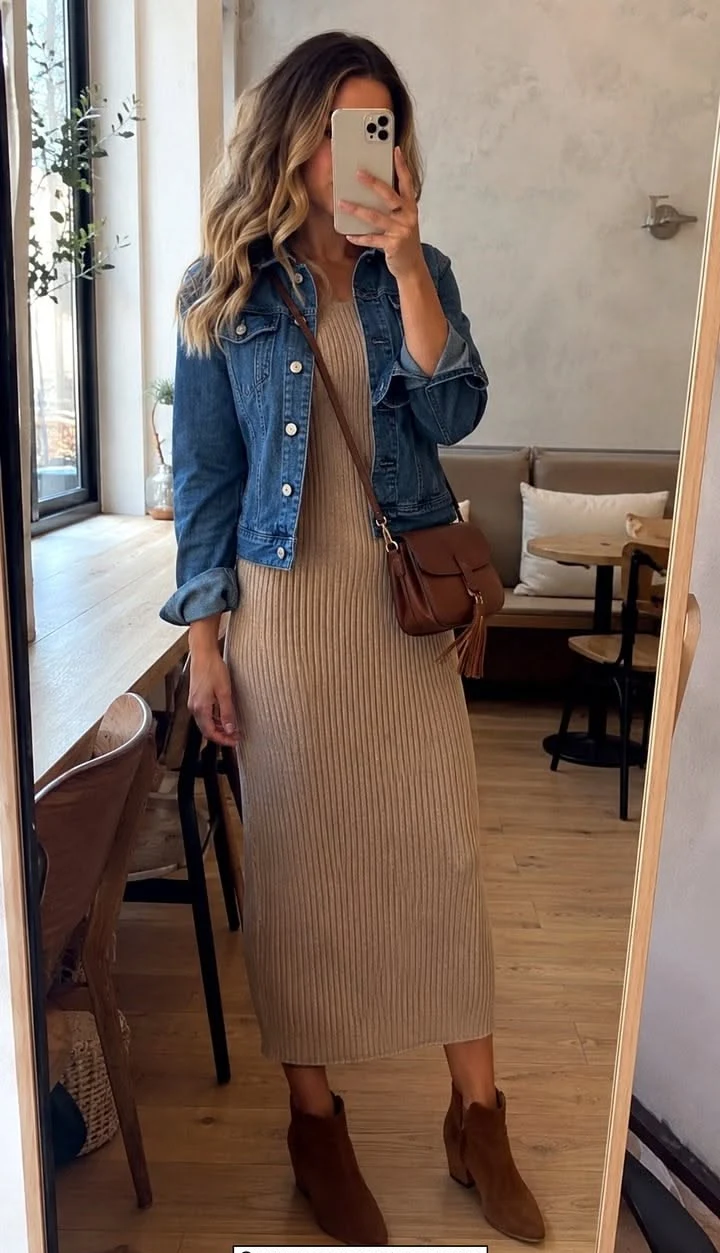Denim jacket layered over knit dress with ankle boots