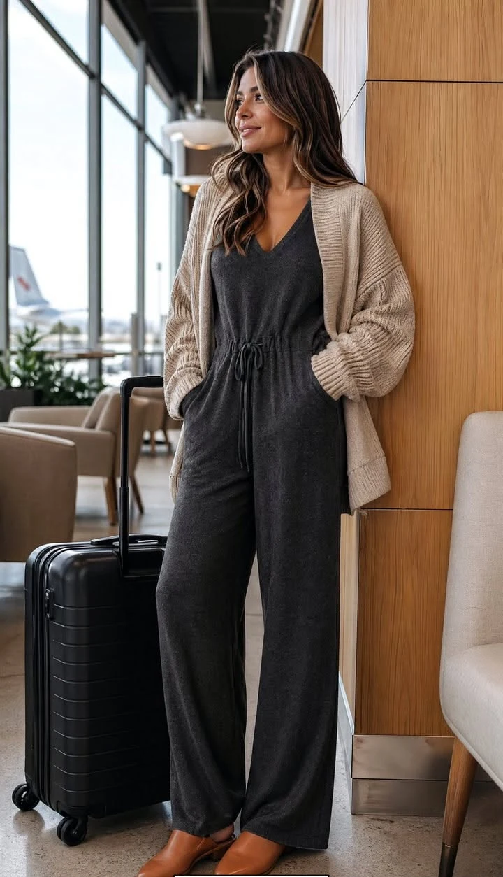 Dark knit jumpsuit with long beige cardigan and loafers