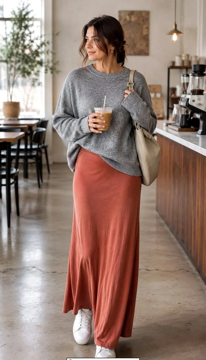 Grey knit top with rust maxi skirt and white sneakers