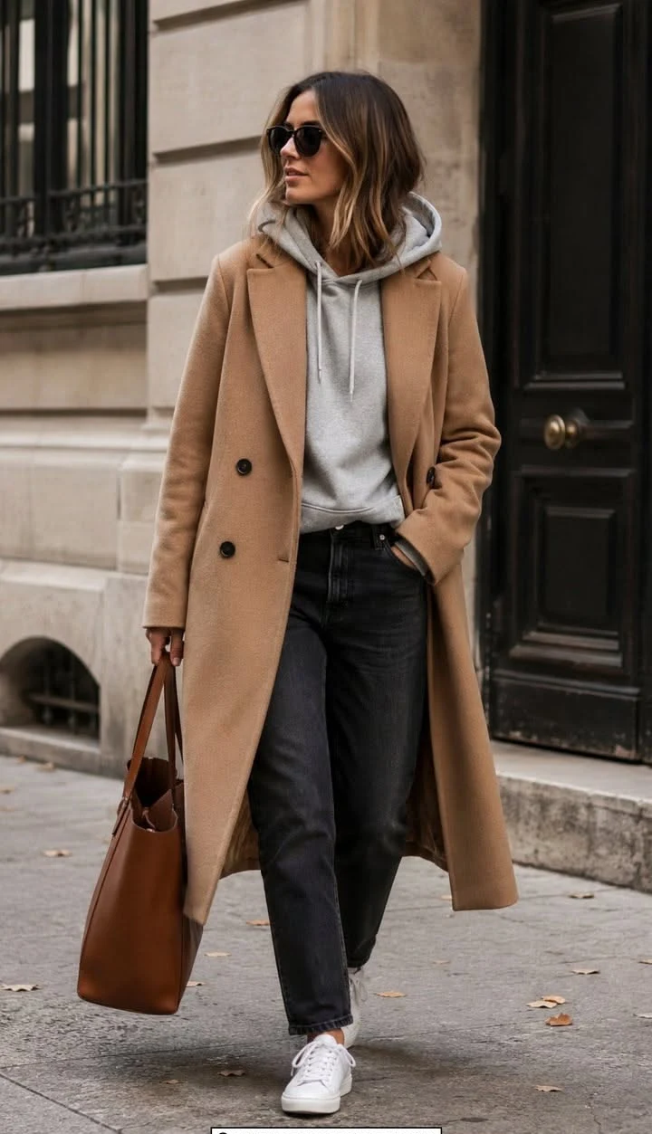 Grey hoodie layered under wool coat with jeans and sneakers