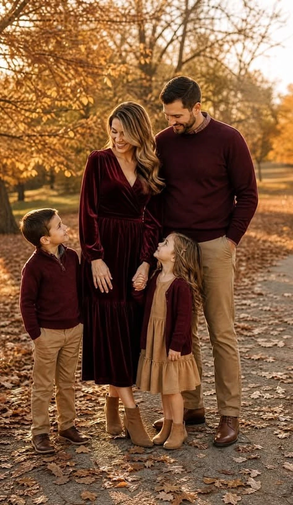 Family in burgundy and cream coordinated outfits posing for a Thanksgiving photo on a leaf covered path