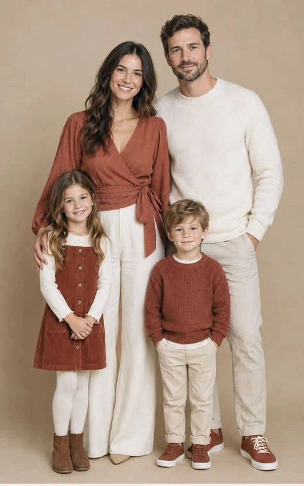 Family wearing rust and cream outfits for a studio photo