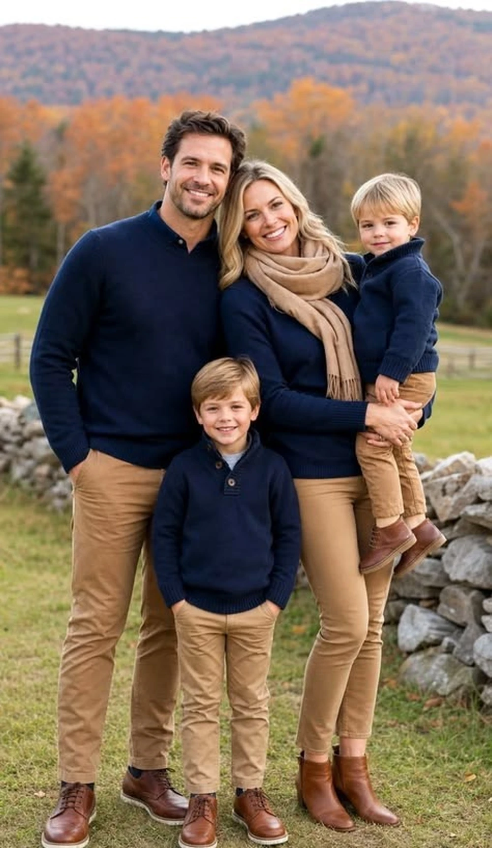 Family wearing navy sweaters and khaki pants for a fall photo outdoors