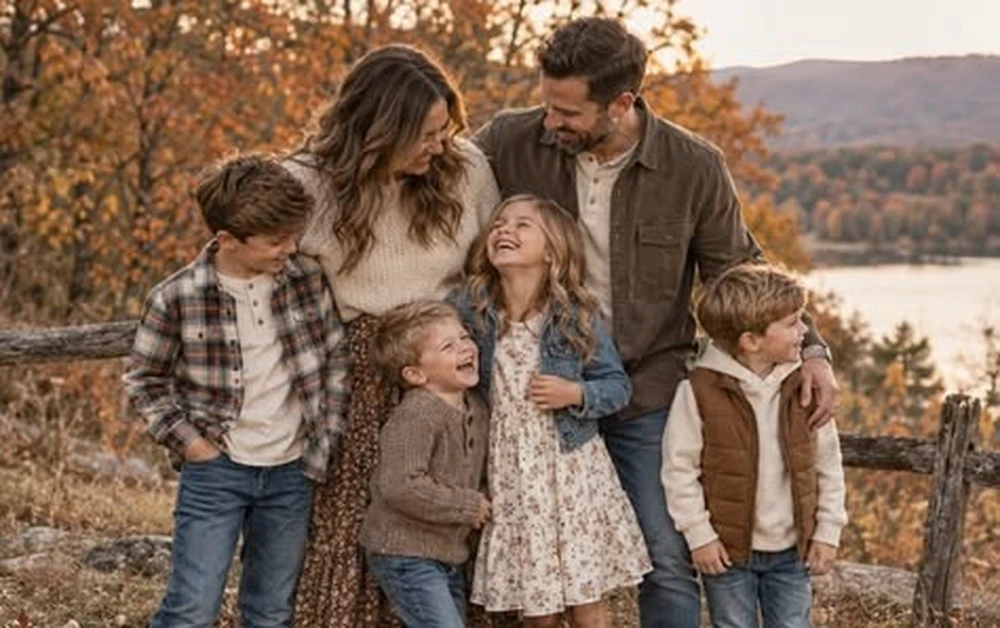 Family in denim jackets and flannel outfits for a casual fall photo