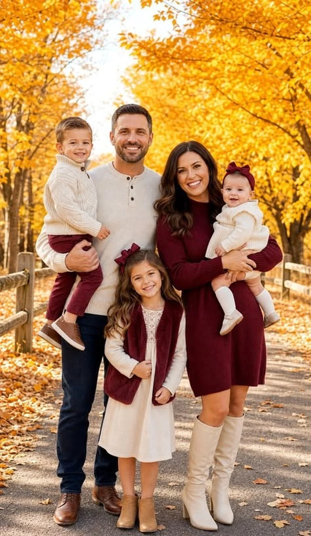 Family with women in burgundy dresses posing under autumn trees
