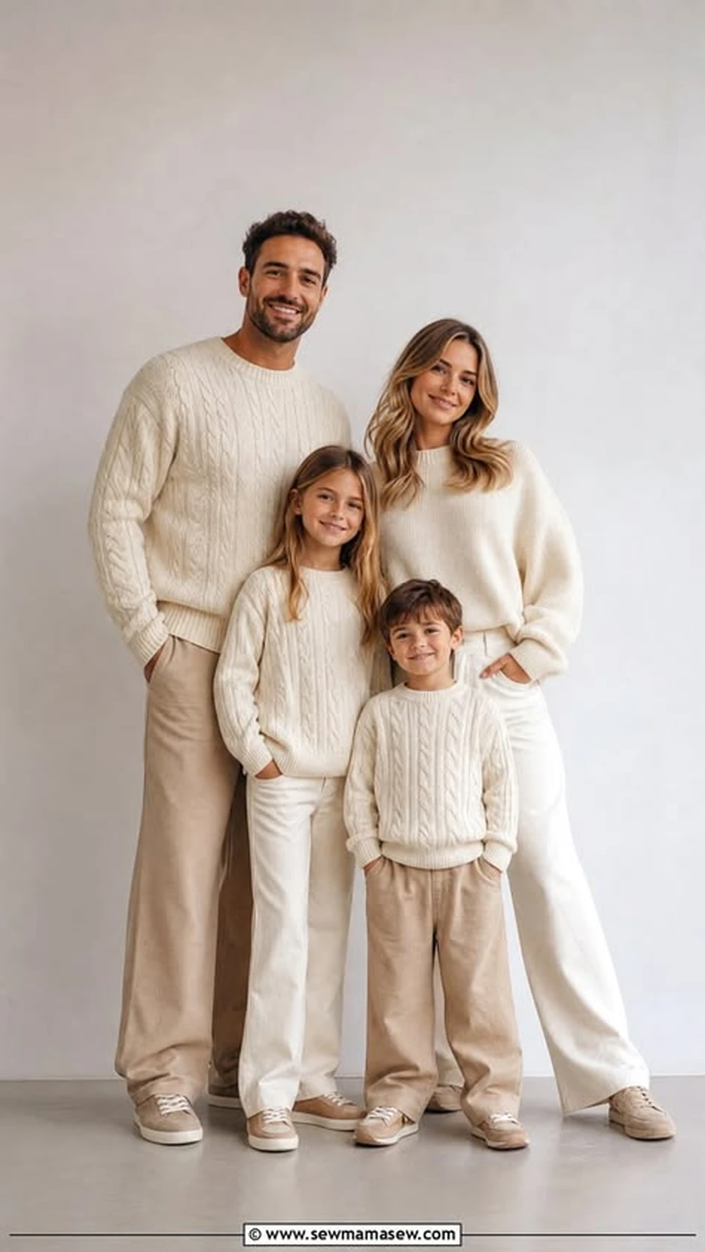Family in cream knit sweaters posing for a studio photo