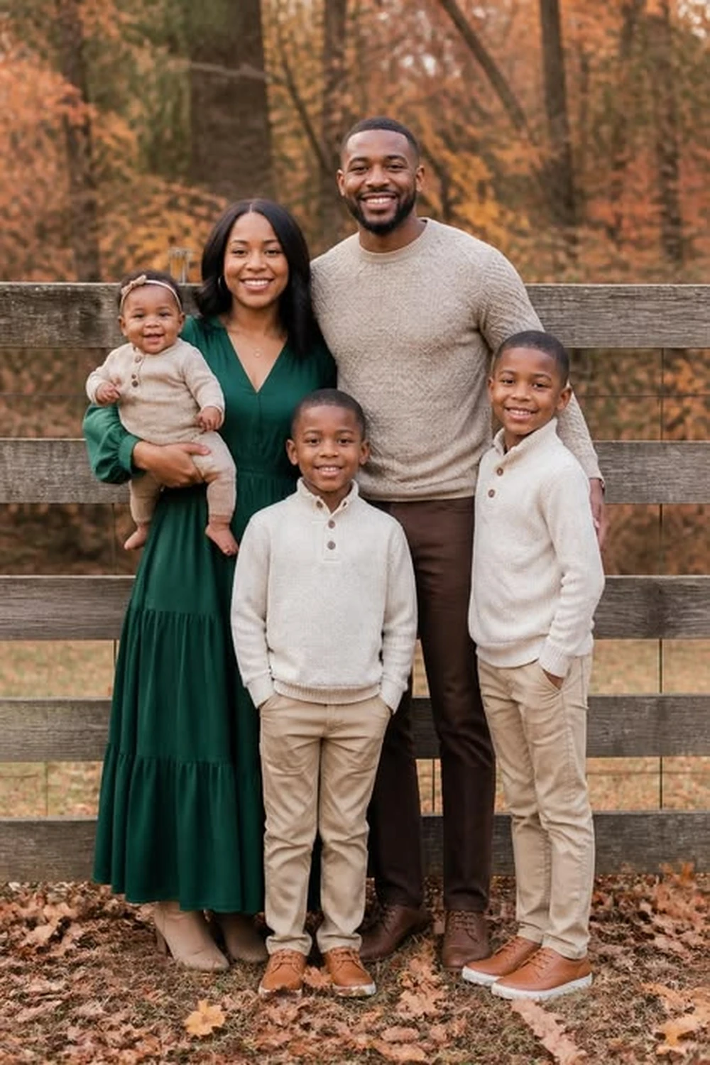 Family with mother in a long forest green dress posing outdoors