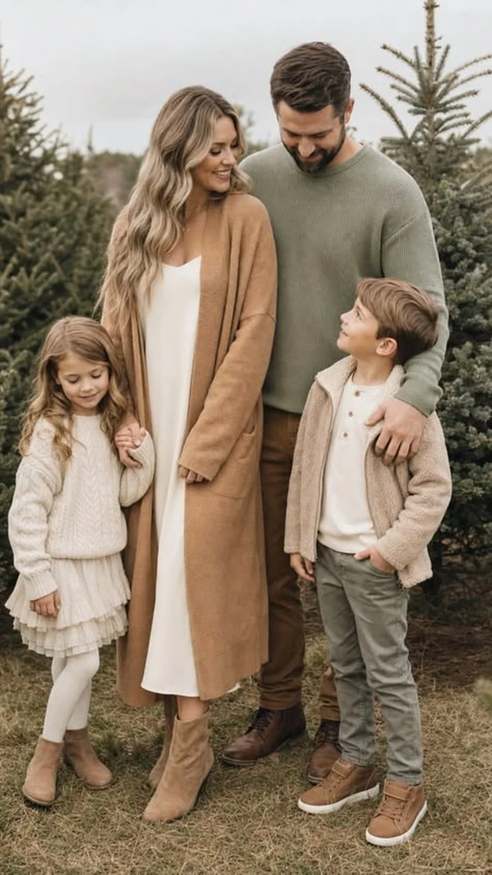 Family in camel coats and cream outfits posing near evergreen trees