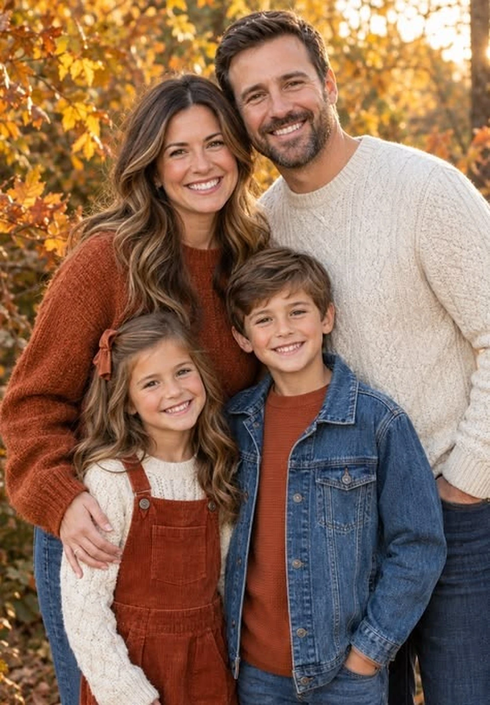 Family with rust orange sweaters posing among autumn leaves