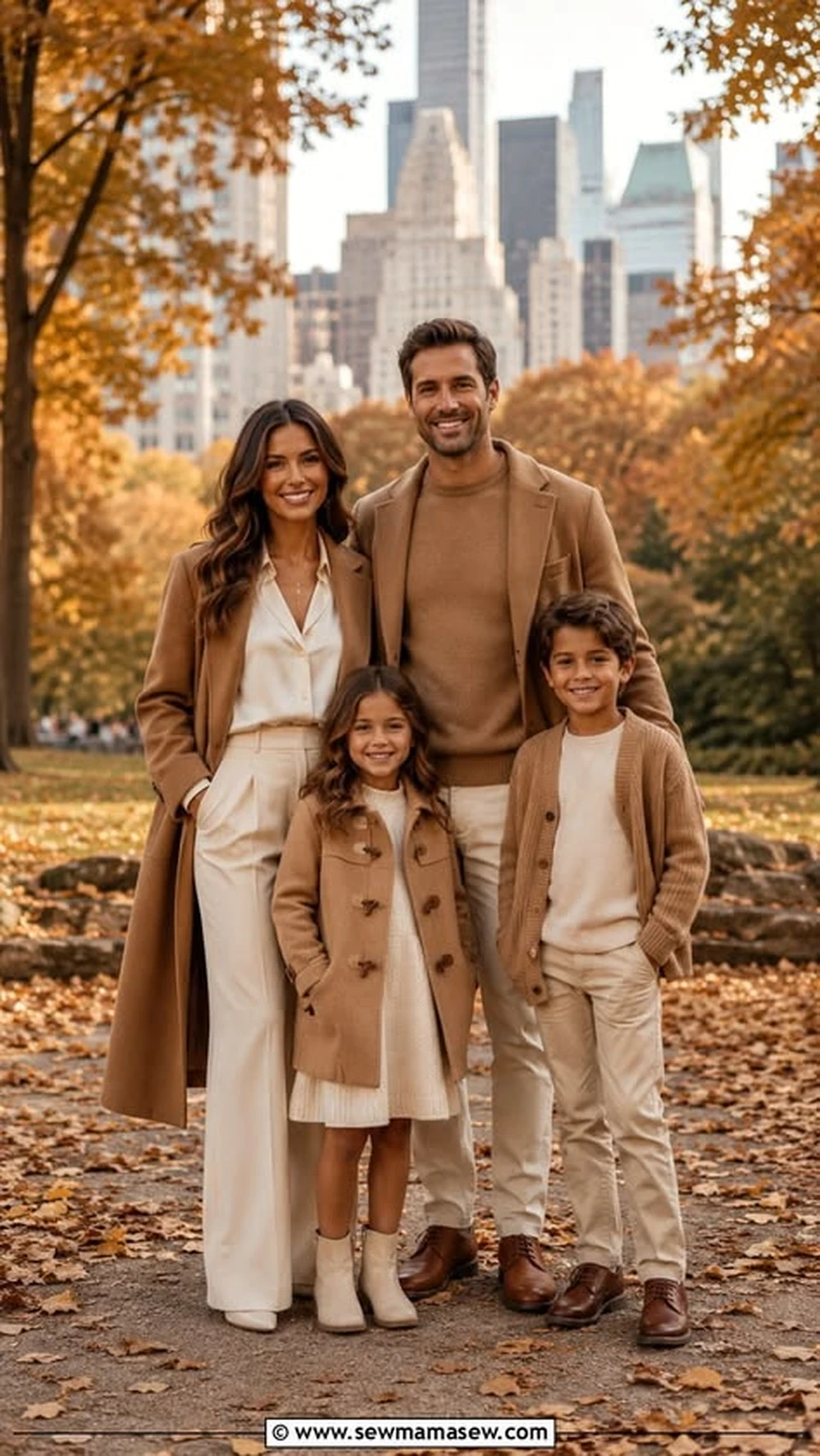 Family in camel coats and beige outfits posing in autumn light