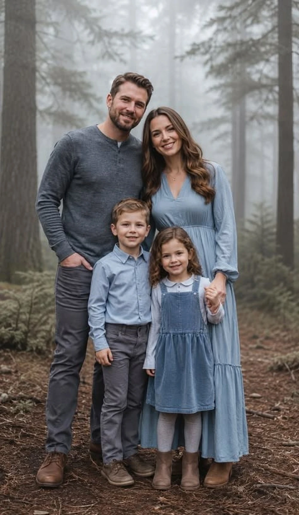 Family in dusty blue and grey outfits posing in a wooded area