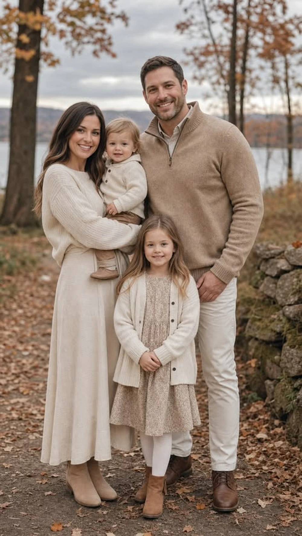 Family in cream and khaki outfits posing in a wooded area