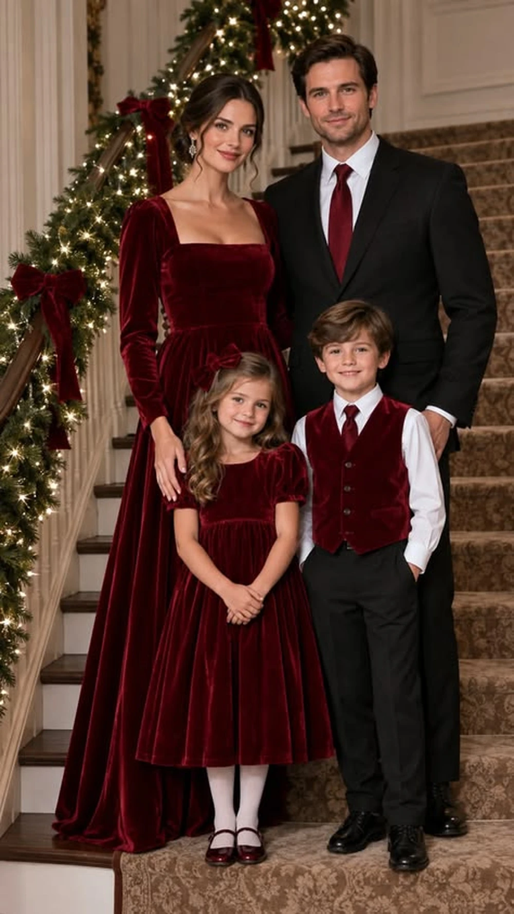 Family in burgundy velvet dresses posing on a staircase with garland
