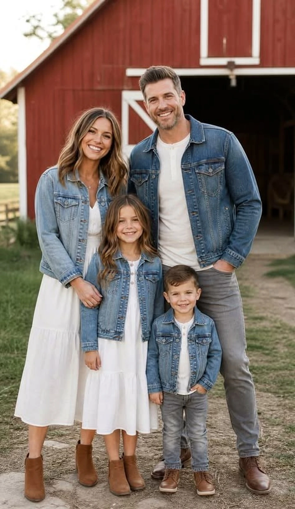 Family in denim jackets posing in front of a red barn