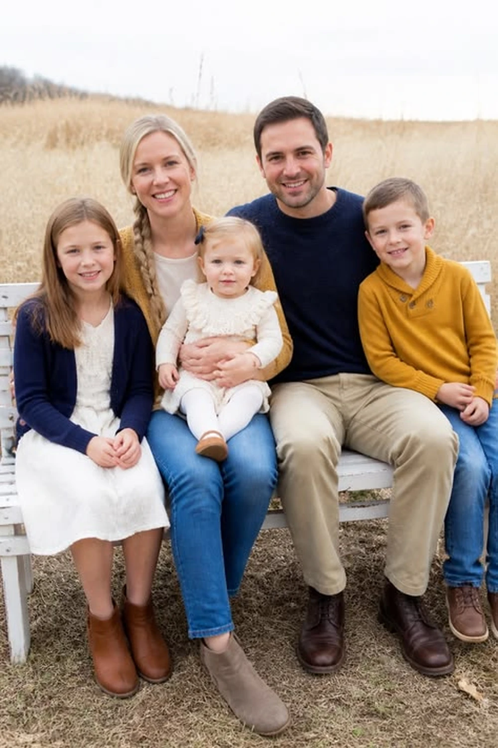 Family in mustard and navy outfits sitting on a bench outdoors