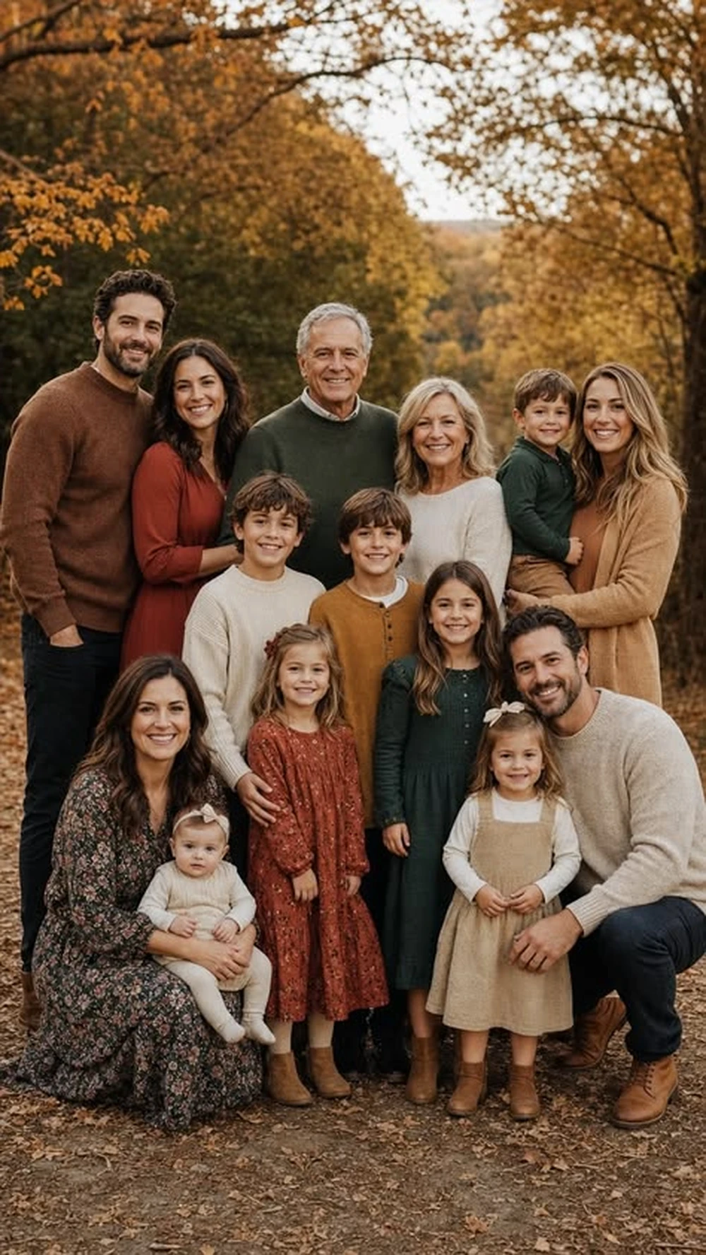 Large extended family in coordinated autumn outfits posing outdoors