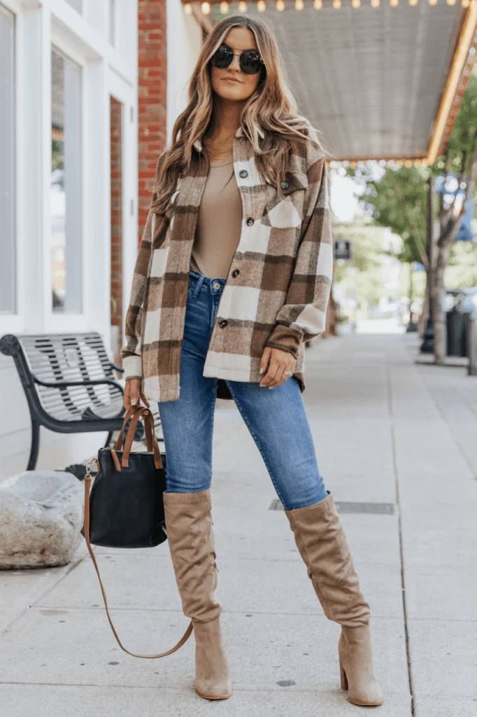 Thanksgiving outfit with plaid shacket, straight jeans, and tan knee high boots