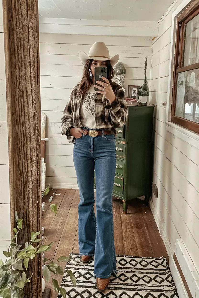 Thanksgiving outfit with flannel shirt, high waist flared jeans, and cowboy boots