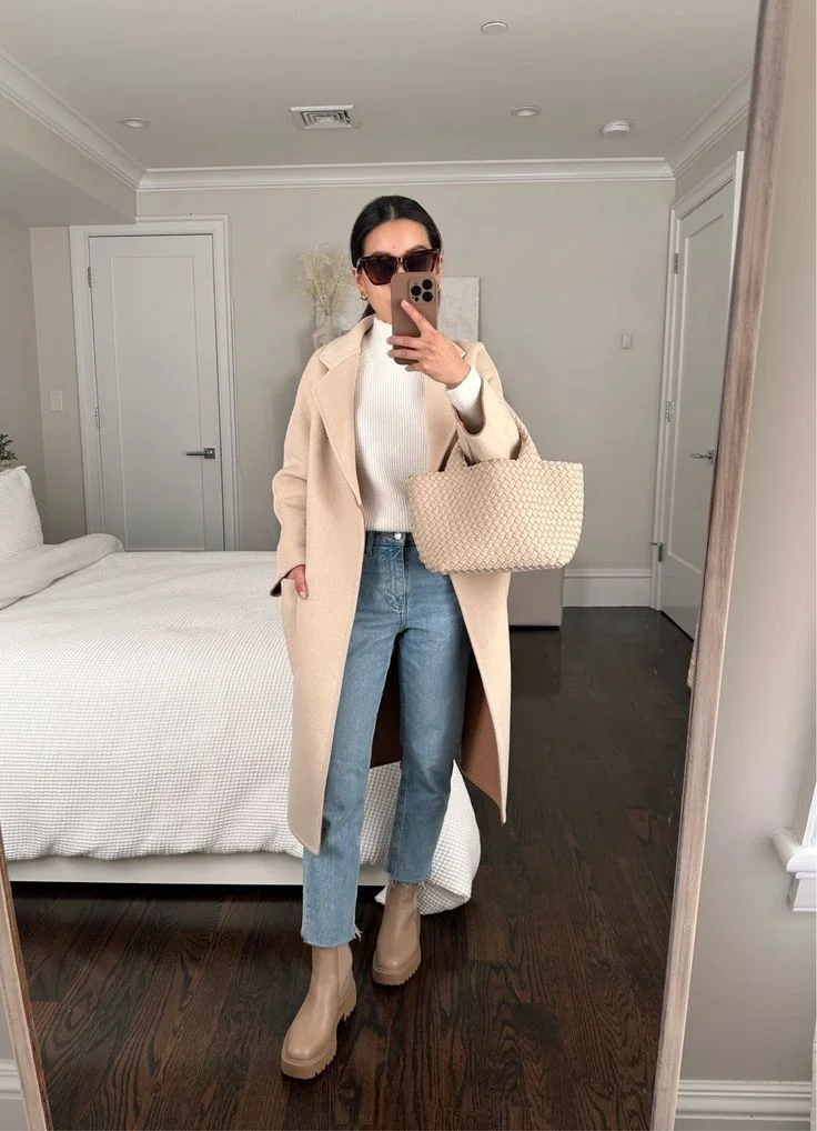Thanksgiving outfit with cream coat, medium jeans, and beige ankle boots