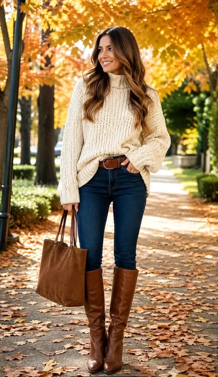 Thanksgiving outfit with cream turtleneck, dark jeans, and brown knee boots