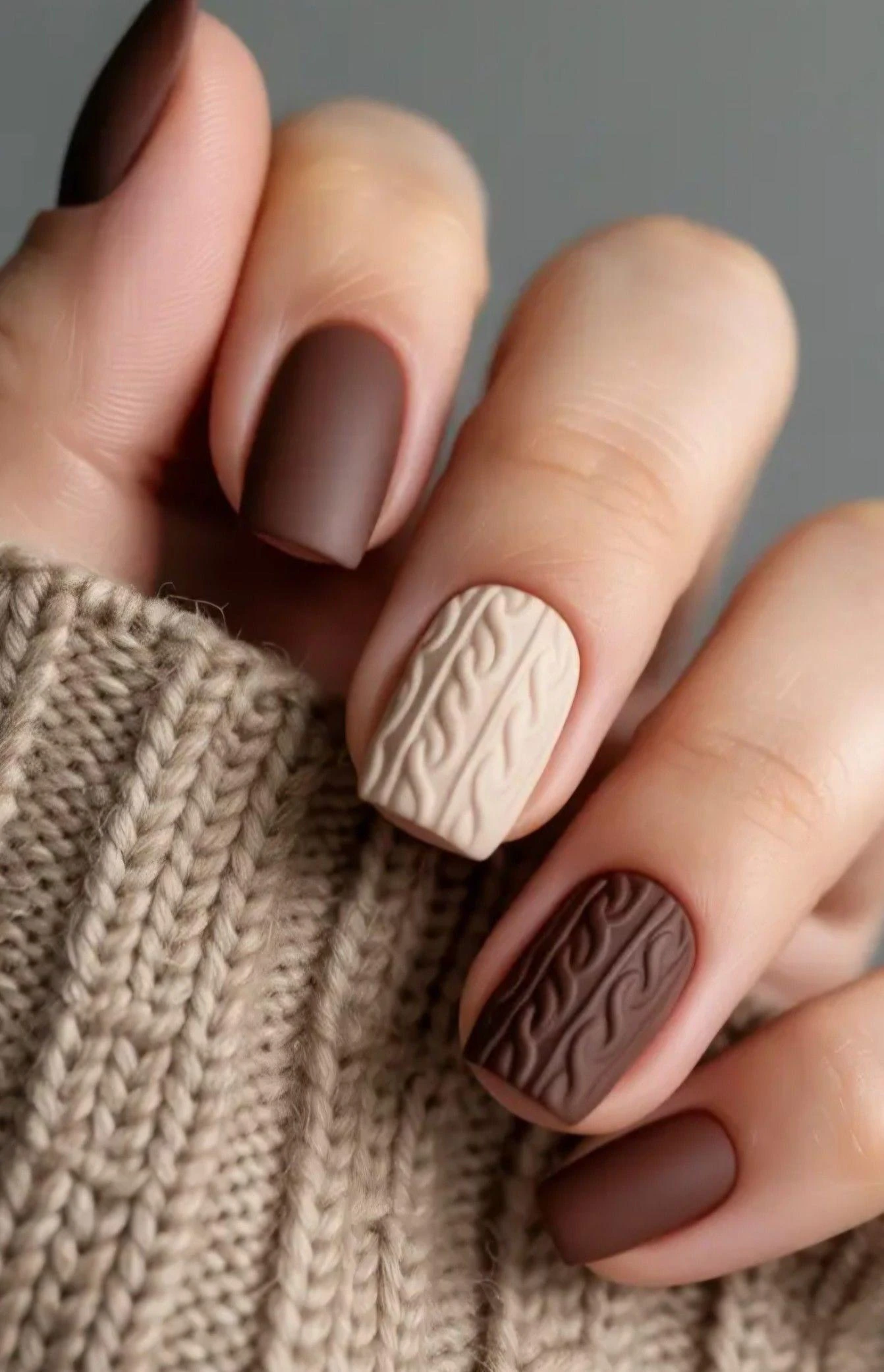 Matte chocolate nails with cream knit sweater accents
