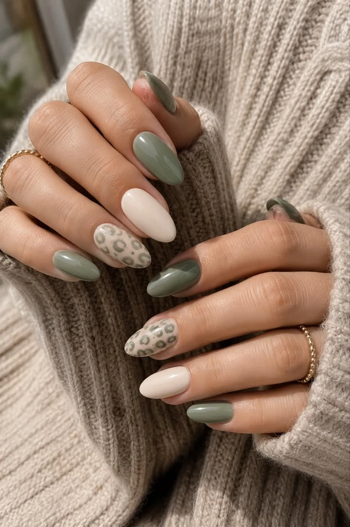 Sage and cream nails with a soft animal print accent