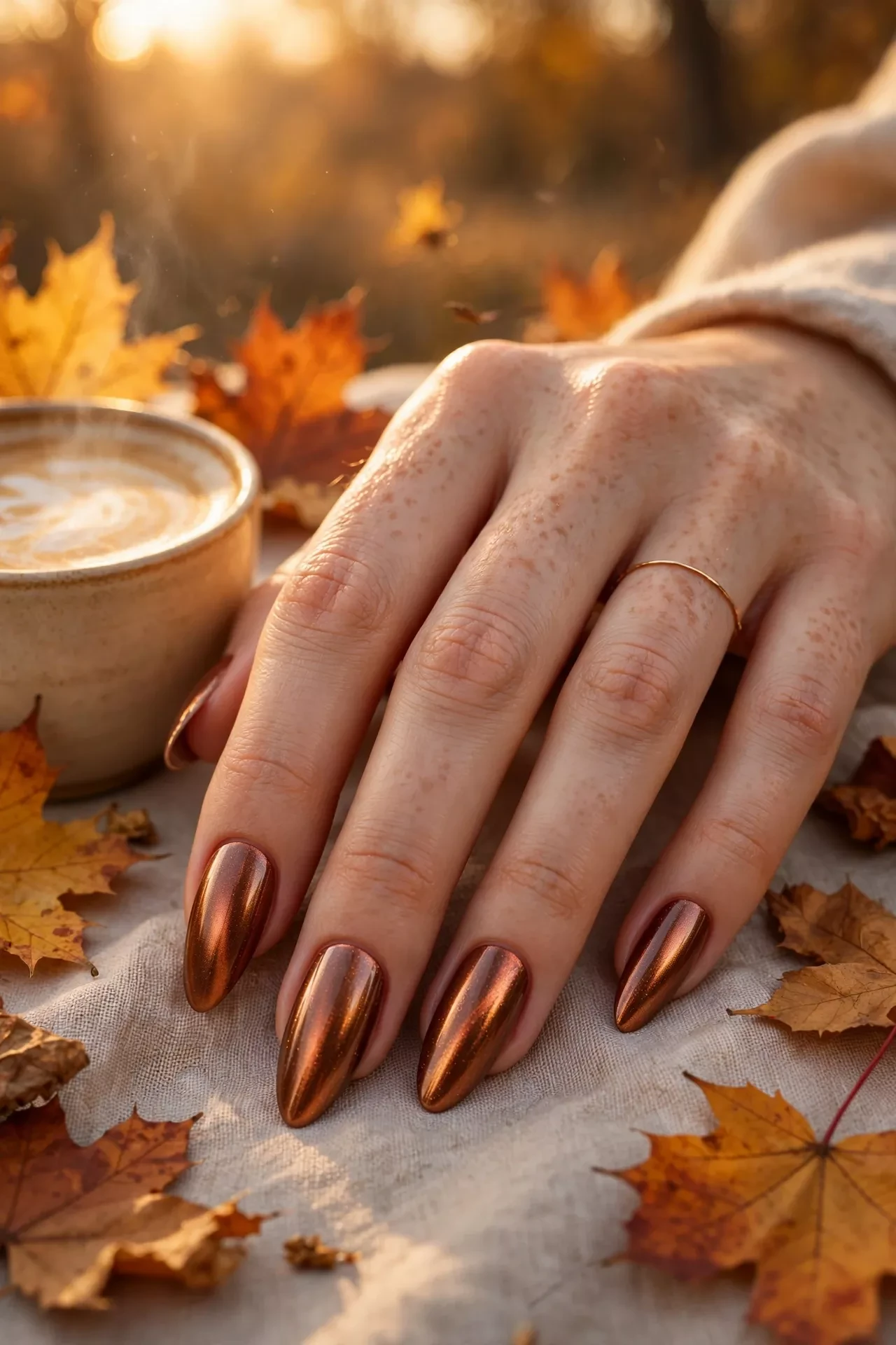 Copper chrome almond nails in warm autumn light with maple leaves