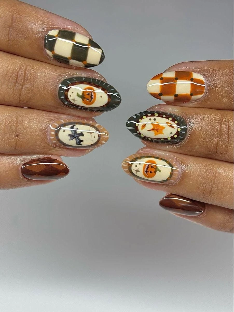 Pumpkin patch nails with checkerboard patterns and framed pumpkins