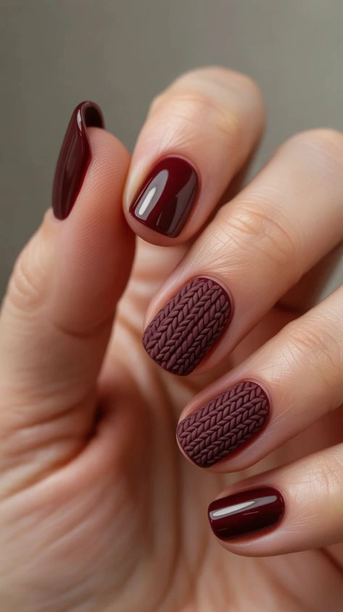Burgundy knit sweater nails with cozy cable texture