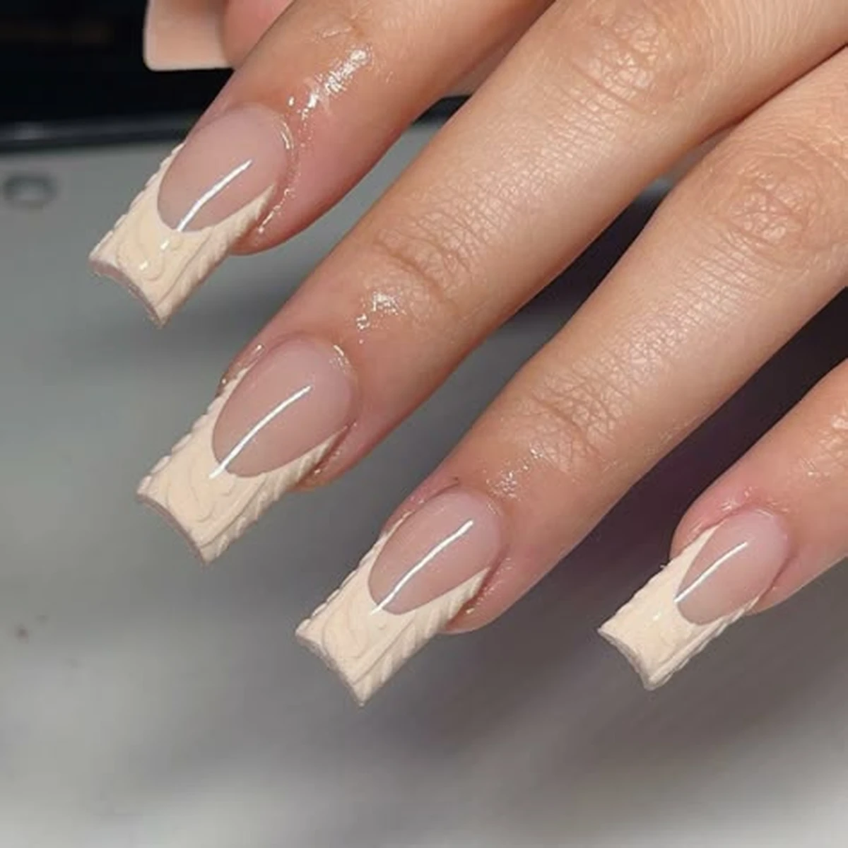 Ivory sweater French tip nails with knit texture