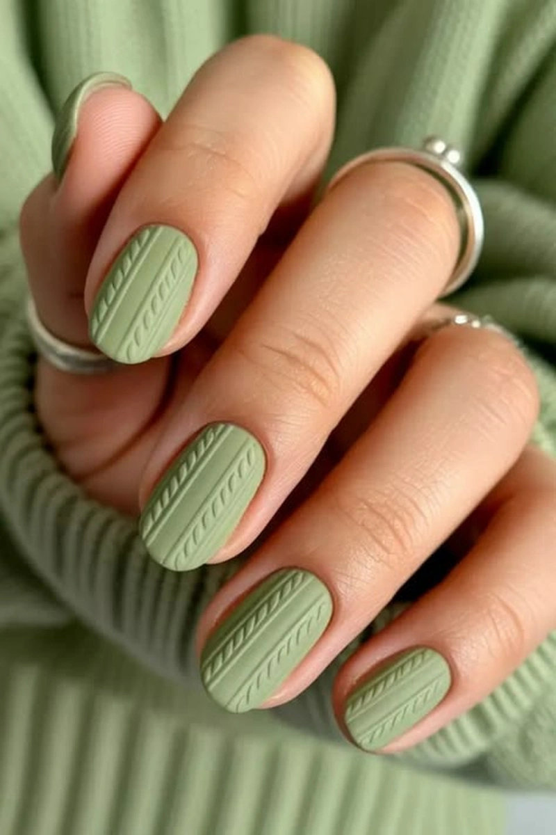 Sage green knit sweater nails with cable texture