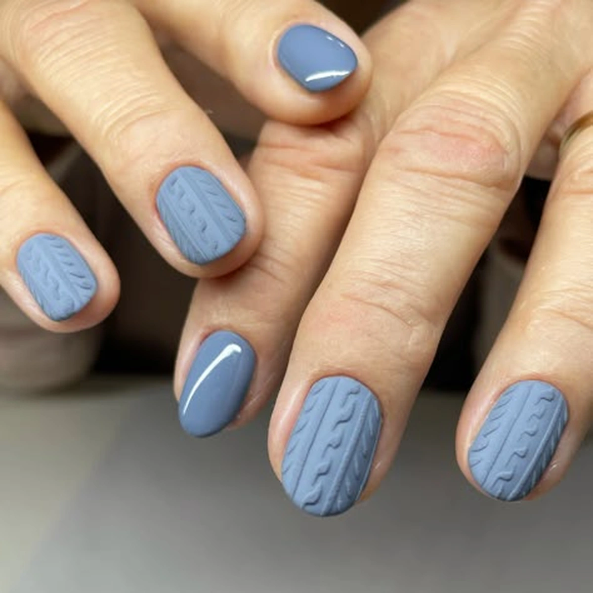 Dusty blue sweater nails with knit texture