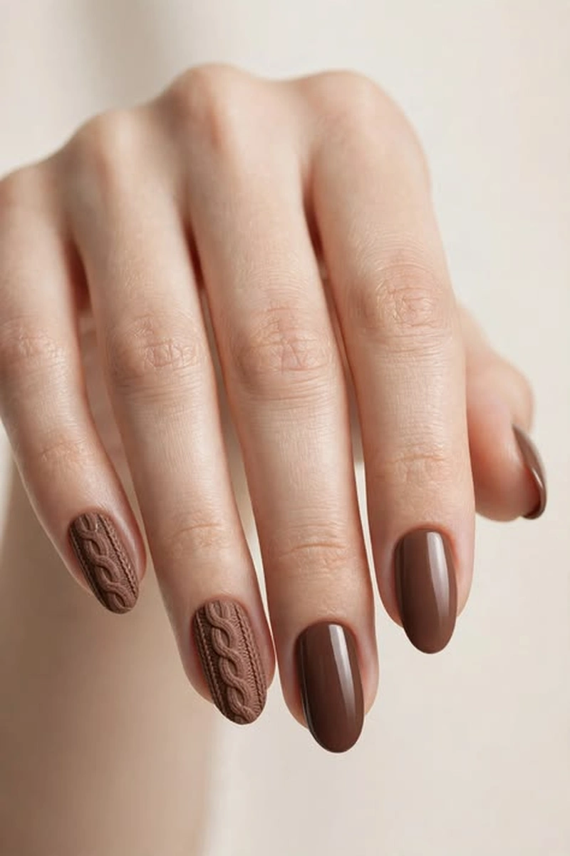 Chocolate brown sweater nails with cozy knit pattern