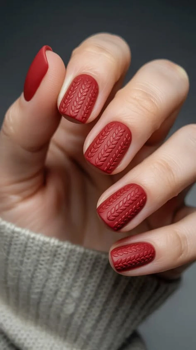 Deep red winter sweater nails with knit texture