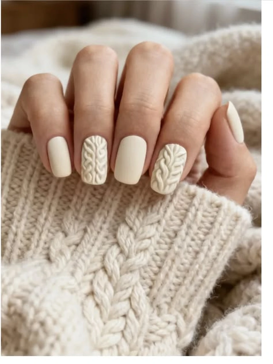 Nude knit nails with white sweater texture