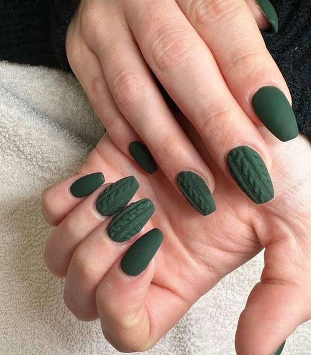 Forest green knit sweater nails with cable texture