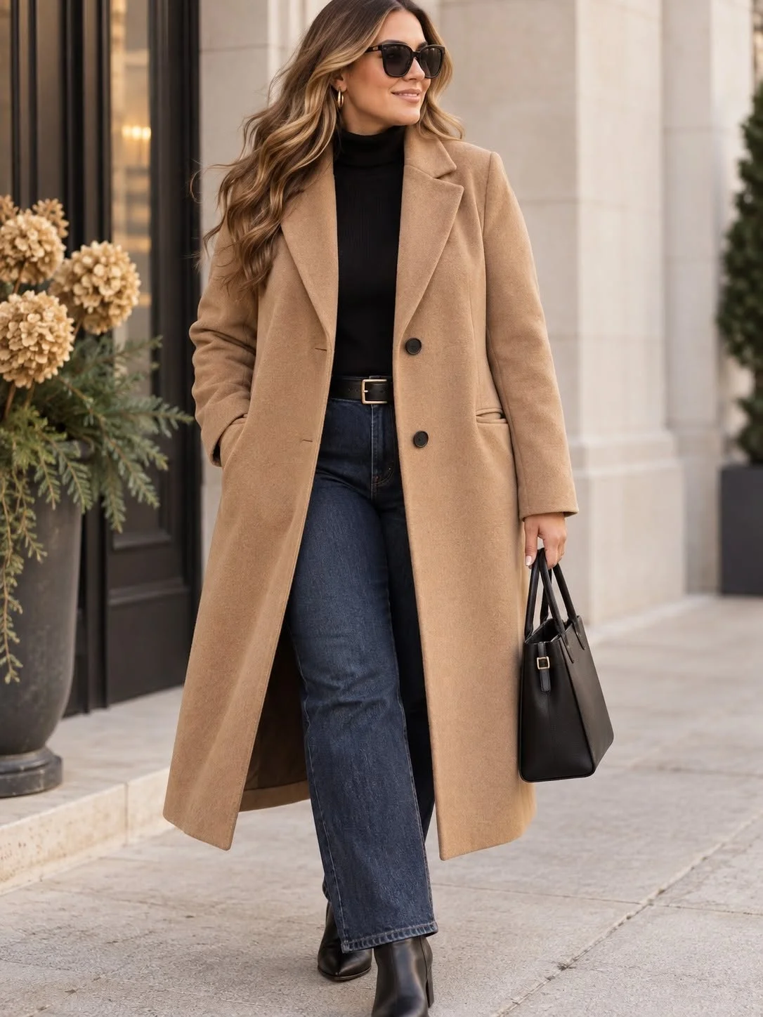 Classy camel wool coat outfit for a woman over 40 in winter