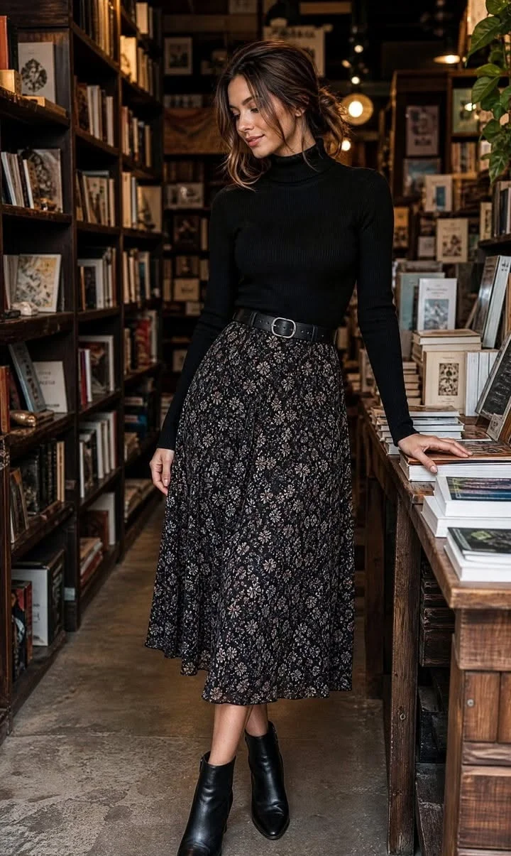 Elegant black turtleneck with midi skirt and boots for women over 40
