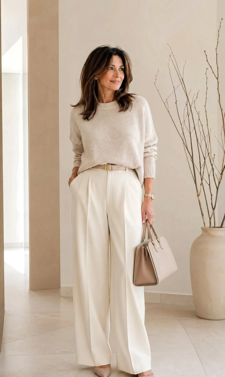 Classy ivory knit sweater with wide leg trousers in winter