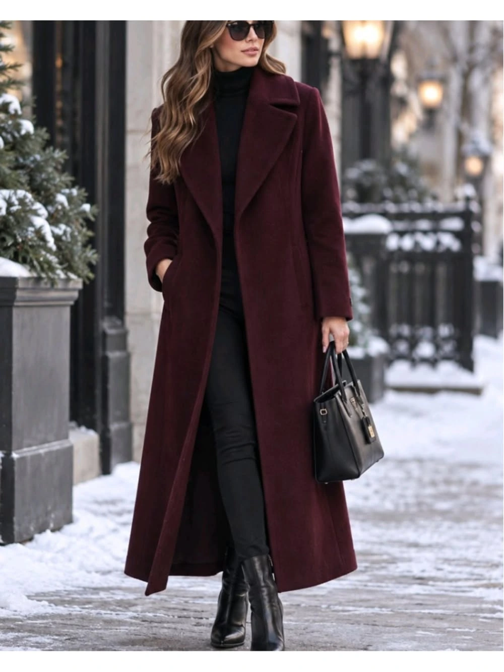 Elegant burgundy winter coat outfit for women over 40