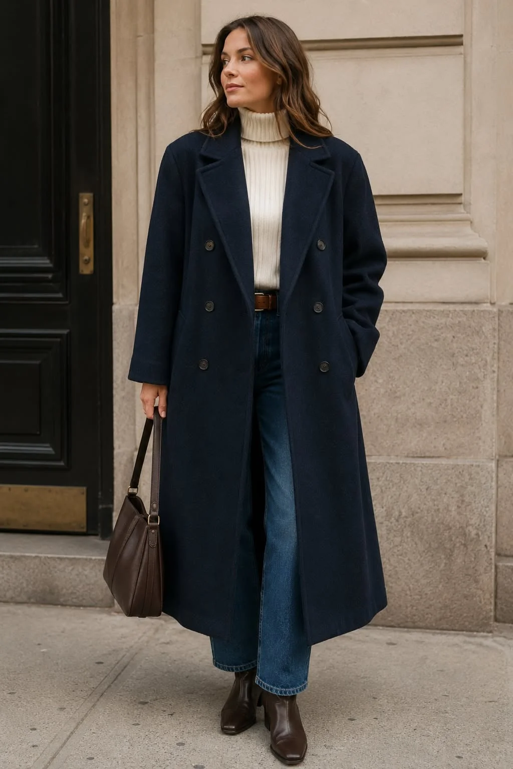 Classy navy wool coat outfit for women over 40