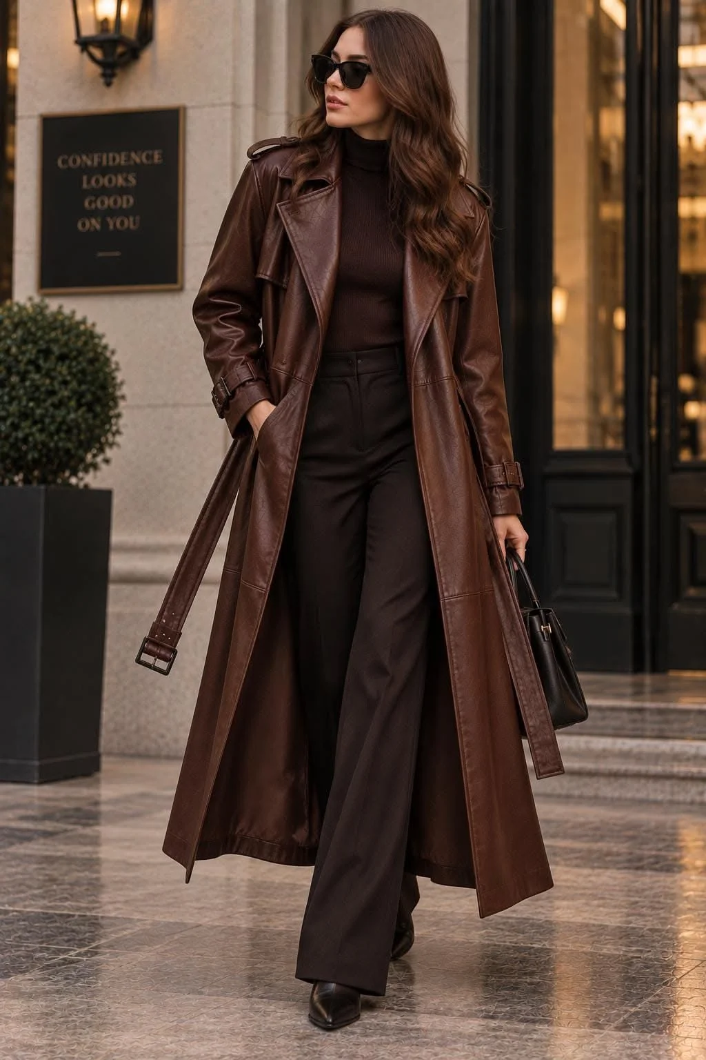 Elegant long leather coat outfit for women over 40