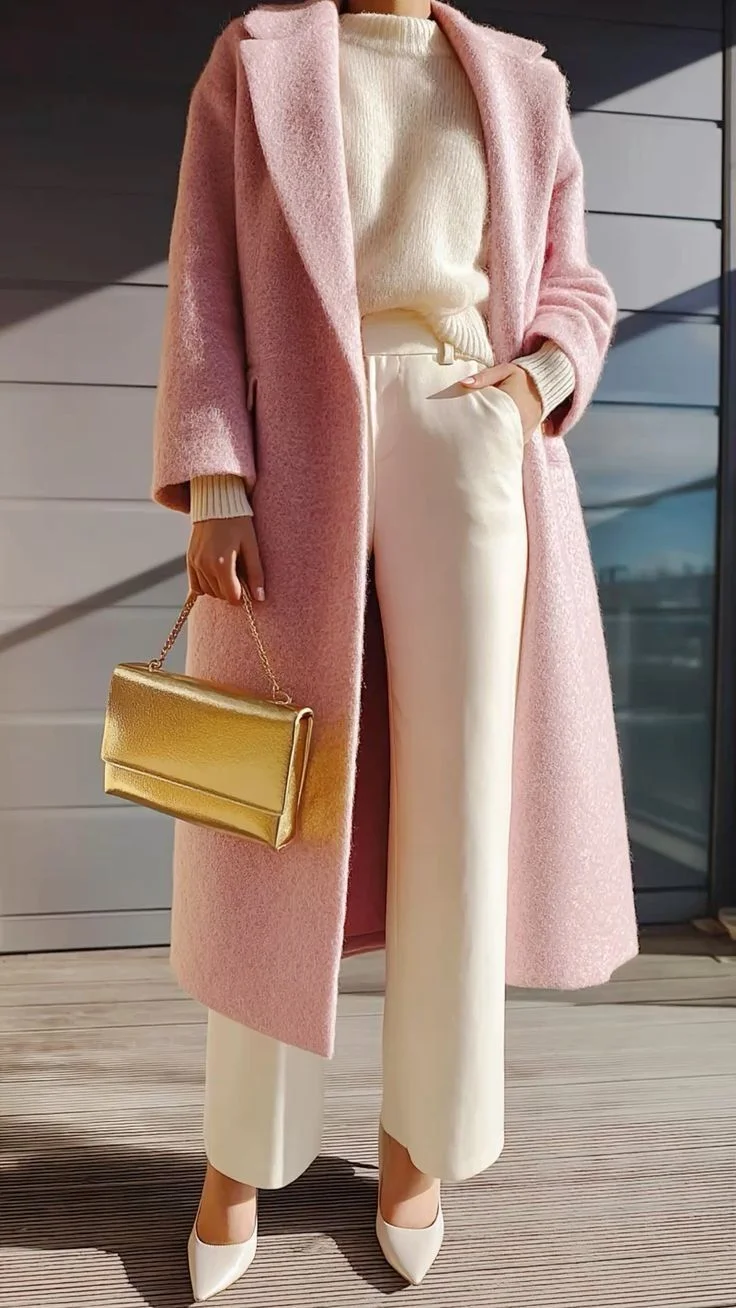Blush pink winter coat outfit for women over 40