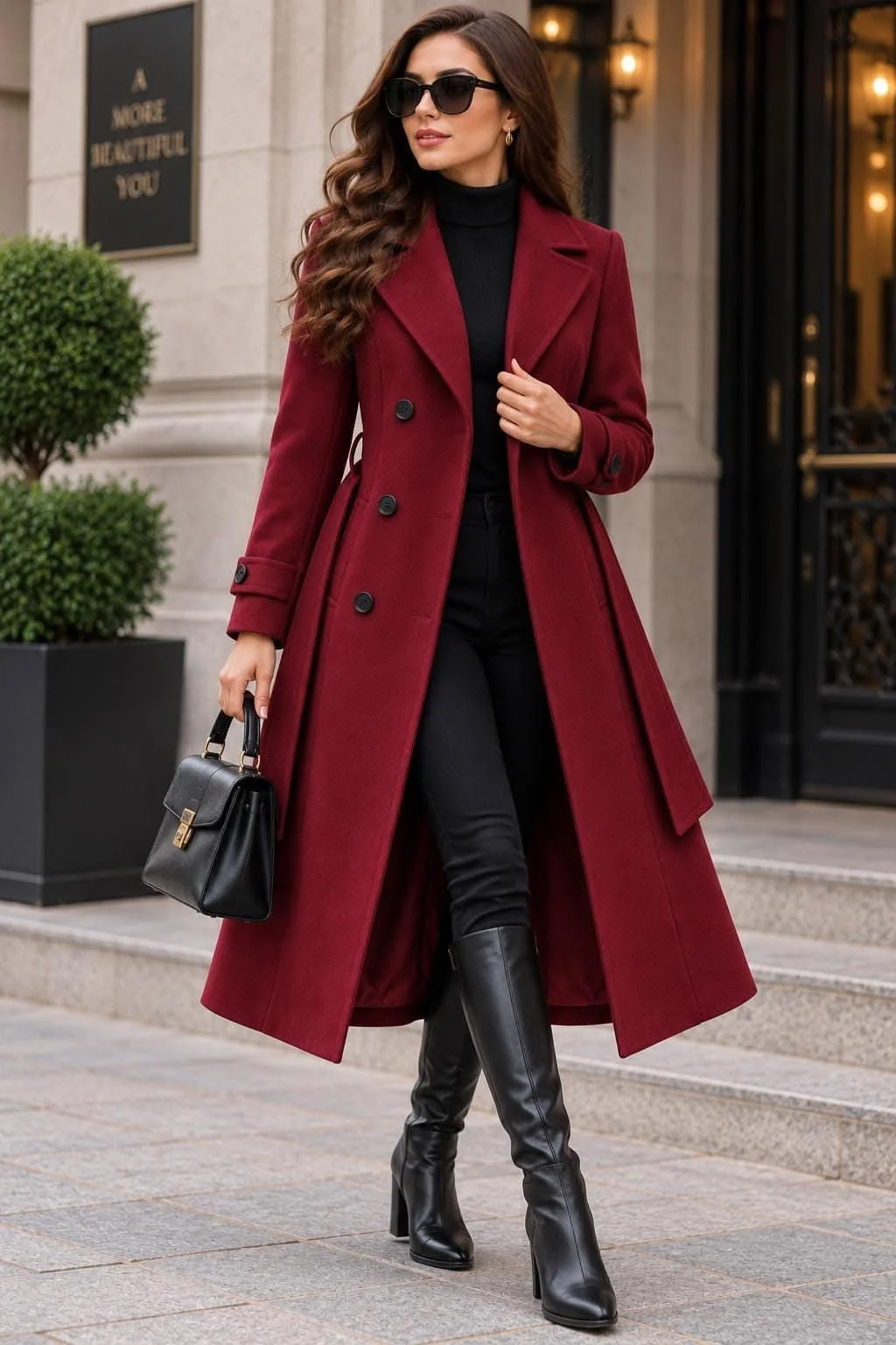 Red winter coat outfit for women over 40