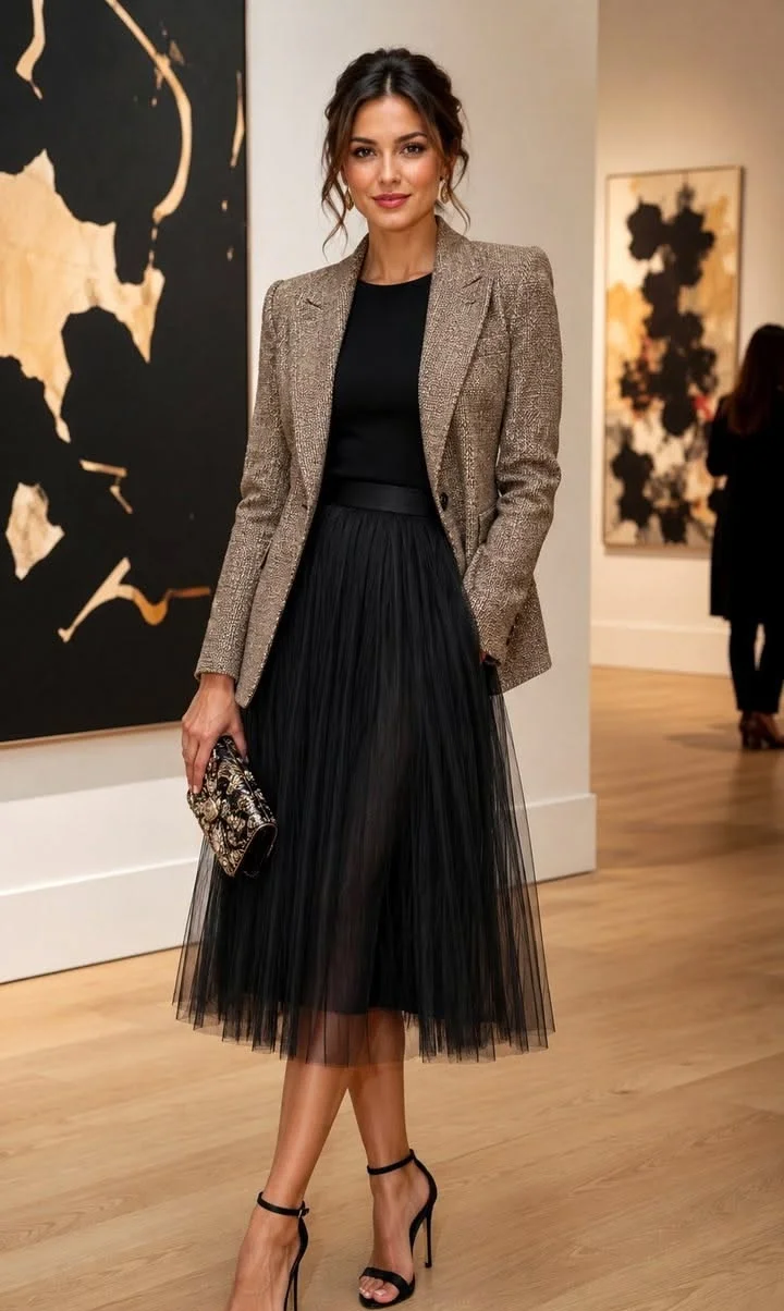 Tweed jacket and skirt outfit for women over 40
